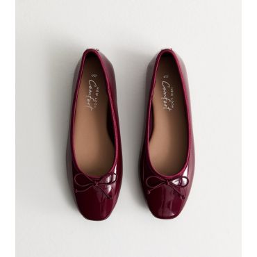 Women's Burgundy Patent Leather-Look Ballerina Pumps New Look