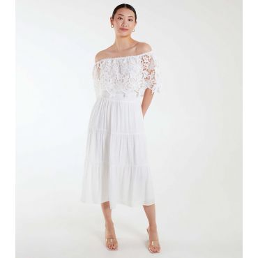 Women's Off White Crochet Lace Bardot Midi Dress Blue Vanilla New Look