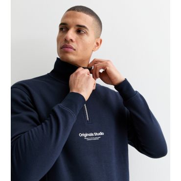 Men's Navy Slim Original Studios Logo Quarter Zip Sweatshirt Jack & Jones New Look