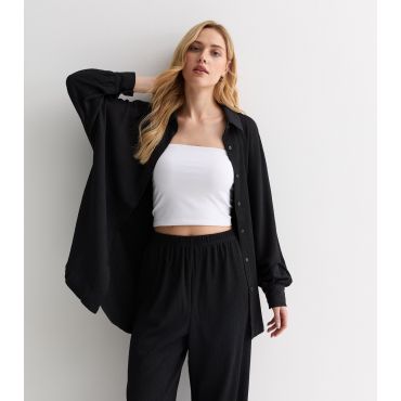 Women's Black Crinkle Long Sleeve Oversized Shirt Gini London New Look