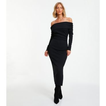 Women's Black Ribbed Bardot Midi Dress Quiz New Look