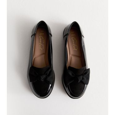 Women's Extra Wide Fit Black Bow Patent And Suede Look Flat Loafers New Look