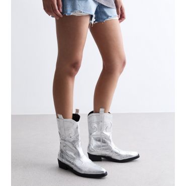Women's Silver Leather-Look Cowboy Boots Public Desire New Look