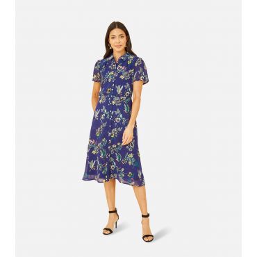 Women's Blue Bird Floral Print Midi Shirt Dress Yumi New Look