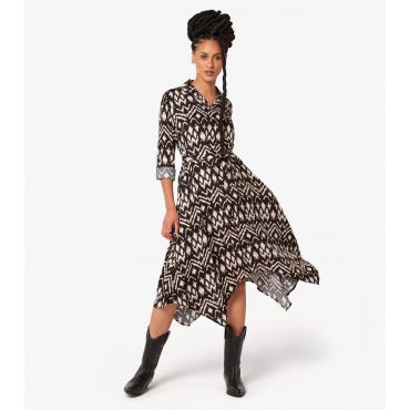 Women's Black Abstract Print Hanky Hem Midi Dress Apricot New Look