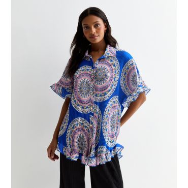 Women's Blue Printed Oversized Ruffle Plisse Shirt Cameo Rose New Look