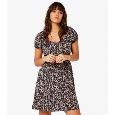 Women's Navy Floral Print Milkmaid Mini Dress Apricot New Look