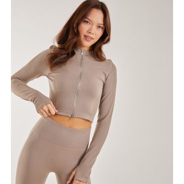 Women's Stone Rib Double-Zip Crop Top Pink Vanilla New Look
