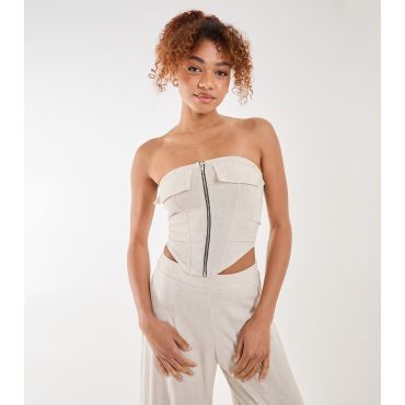 Women's Stone Linen-Look Corset Top Pink Vanilla New Look