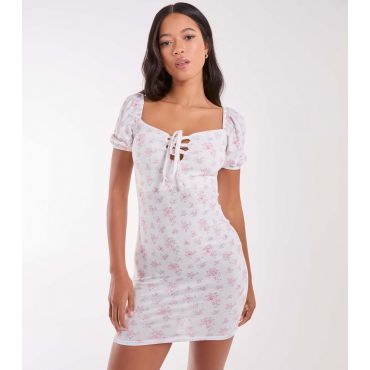 Women's Pink Floral Puff Sleeve Mini Dress Pink Vanilla New Look