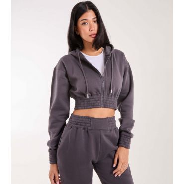 Women's Dark Grey Cotton-Blend Zip Up Crop Hoodie Pink Vanilla New Look