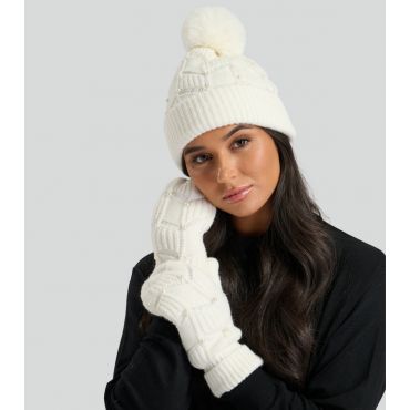 Cream Embellished Pom Pom Beanie Hat and Mittens South Beach New Look
