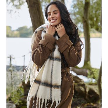 Cream Checked Fluffy Scarf South Beach New Look