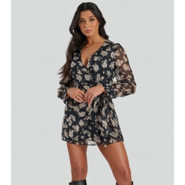 Women's Black Floral Print Chiffon Wrap Dress Finding Friday New Look