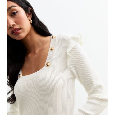 Women's Cream Frill Detail Button Jumper Cameo Rose New Look