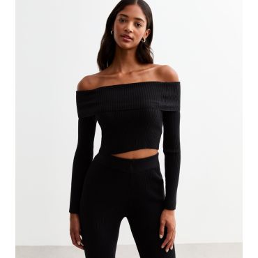 Women's Black Ribbed Off Shoulder Top Cameo Rose New Look