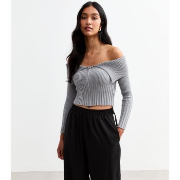 Women's Pale Grey Zip-Through Bardot Jumper Cameo Rose New Look