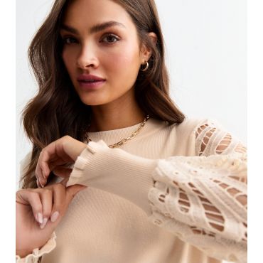 Women's Cream Lace Sleeve Top Cameo Rose New Look