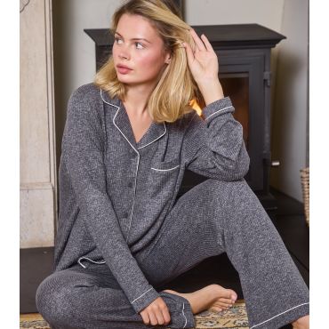 Women's Dark Grey Marl Long Sleeve Buttoned Pyjama Set Loungeable New Look