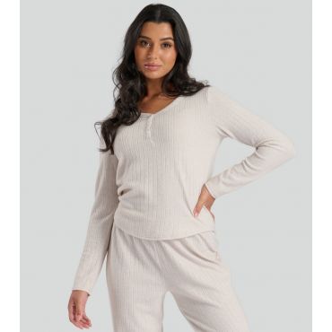Women's Cream Brushed Rib Henley Top Loungeable New Look