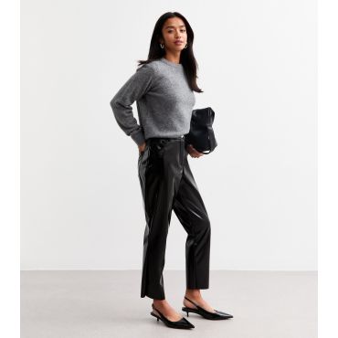 Women's Petite Black Faux Patent Leather Straight Trousers New Look