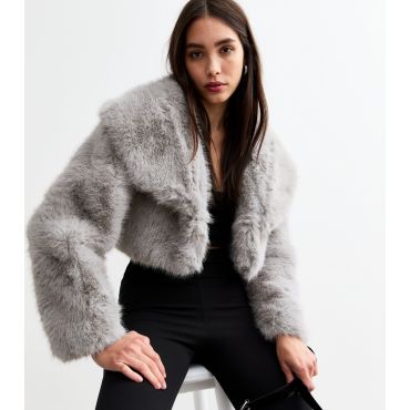 Women's Grey Faux Fur Cropped Jacket Cameo Rose New Look