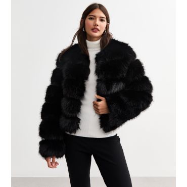 Women's Black Faux Fur Crop Coat Cameo Rose New Look