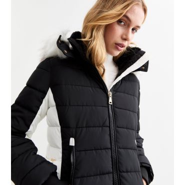 Women's Black Faux Fur Trim Hooded Puffer Jacket Cameo Rose New Look