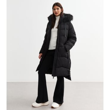 Women's Black Faux Fur Trim Hooded Puffer Coat Cameo Rose New Look
