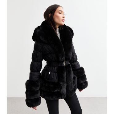 Women's Black Faux Fur Trim Padded Coat Cameo Rose New Look