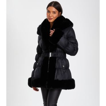 Women's Black Faux Fur Trim Padded Jacket Quiz New Look