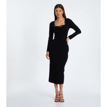 Women's Black Embellished Tie Neck Midi Dress Quiz New Look