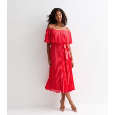 Women's Red Bardot Pleated Satin Midi Dress Cutie London New Look
