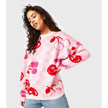 Women's Pink Knitted Check And Cherry Jumper Skinnydip New Look