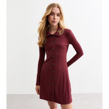 Women's Burgundy Ribbed Jersey Mini Shirt Dress New Look