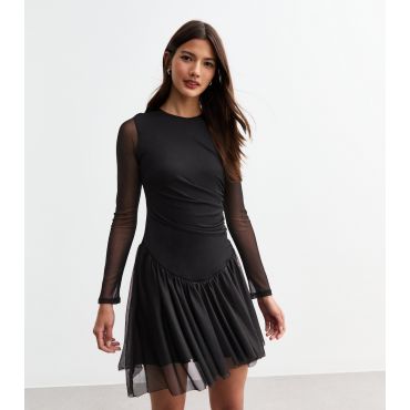 Women's Black Dropped Waist Stretch Mesh Mini Dress New Look
