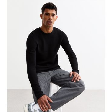 Men's Black Regular Waffle Knit Crew Neck Jumper Only and Sons New Look