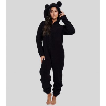 Women's Black Hooded Onesie with Ears Loungeable New Look