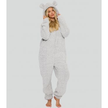 Women's Silver Borg Onesie with Ears Loungeable New Look