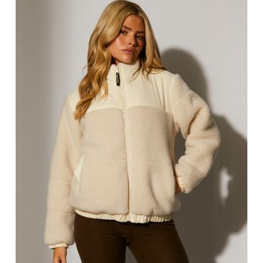 Women's Cream Contrast Panel Borg Zip Up Jacket South Beach New Look