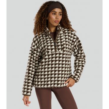 Women's Off White Houndstooth Quarter Zip Borg Jacket South Beach New Look