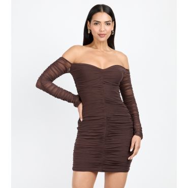 Women's Brown Ruched Mesh Bardot Mini Dress Little Mistress New Look