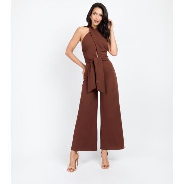 Women's Brown Halter Bow Detail Jumpsuit Little Mistress New Look