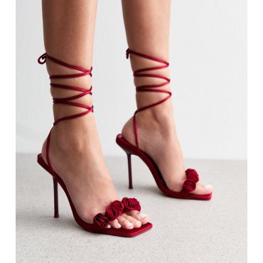 Women's Marigold Burgundy Rosette Satin Sandals Public Desire New Look