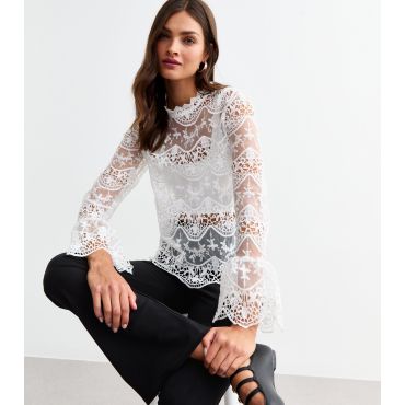 Women's White Lace Long Sleeve Top Cutie London New Look