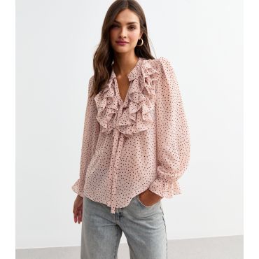Women's Pink Polka Dot Ruffle Blouse Cutie London New Look