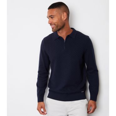 Men's Navy Quarter Zip Knit Polo Jumper Threadbare New Look
