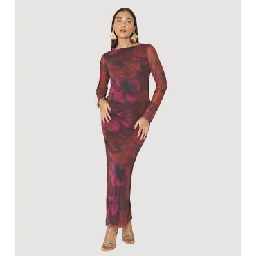 Women's Burgundy Floral Mesh Midi Dress WKNDGIRL New Look