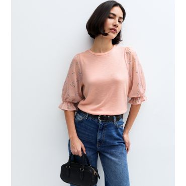 Women's Pink Soft Touch Floral Sleeves Top New Look