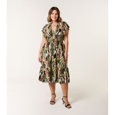 Women's Curve Khaki Shirred Waist Midi Dress Blue Vanilla New Look